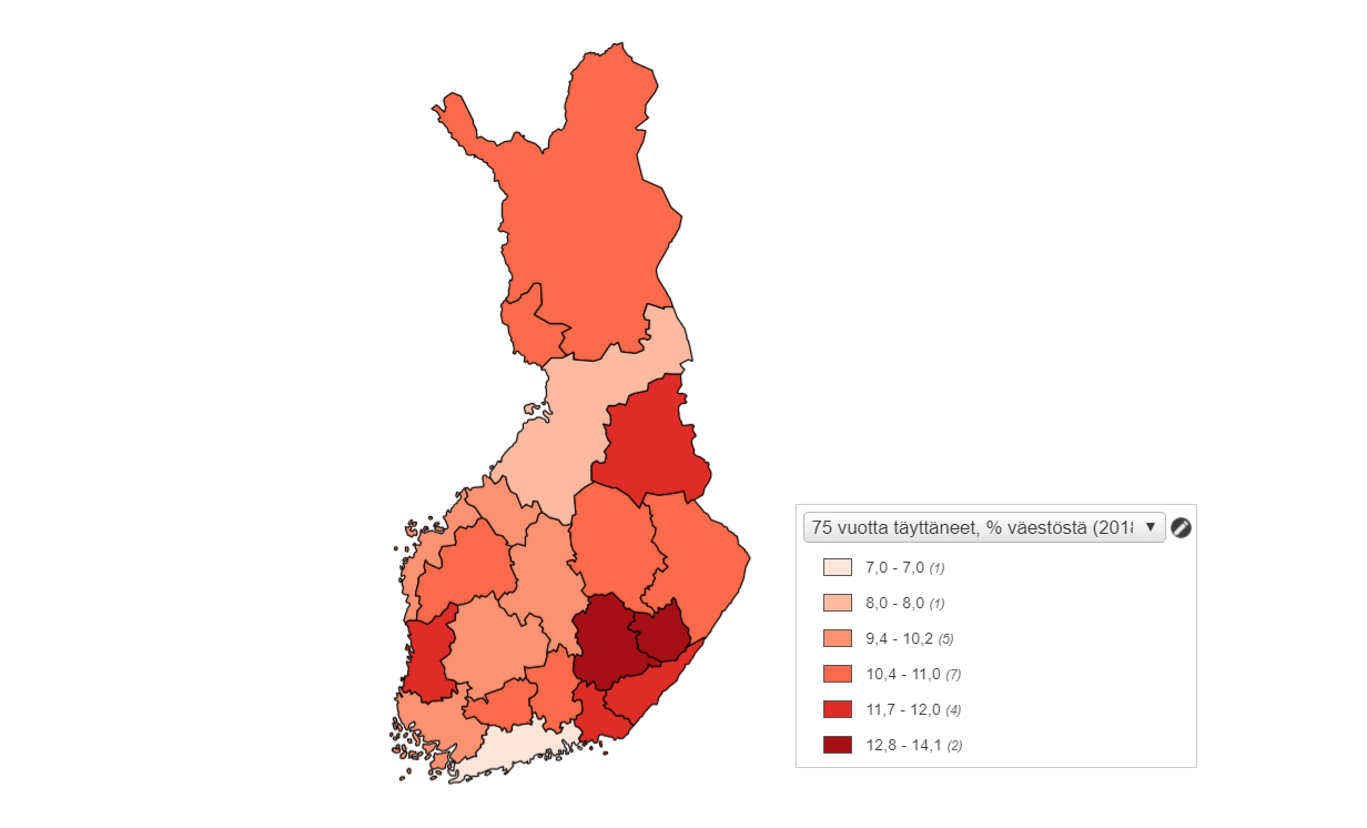Karttavisualisointi, joka näyttää 75-vuotiaiden suhteellisen osuuden väestöstä sairaanhoitopiireittäin. Suhteessa eniten iäkkäitä on Itä- ja Etelä-Savossa.