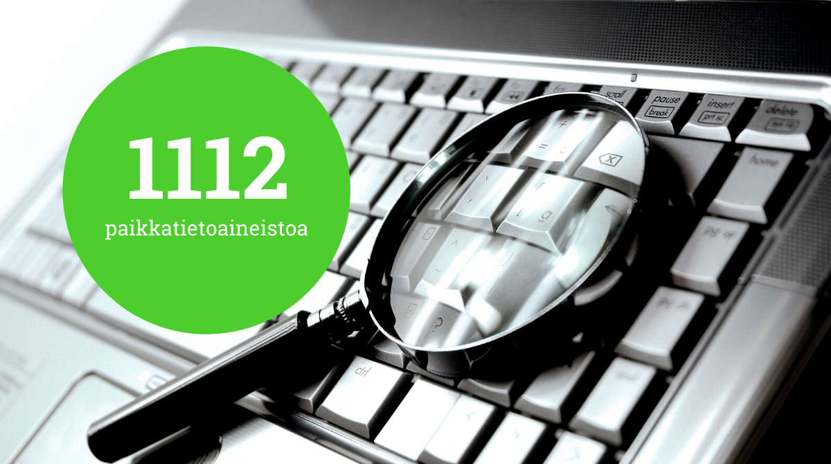 Suurennuslasi ja teksti: 1112 paikkatietoaineistoa